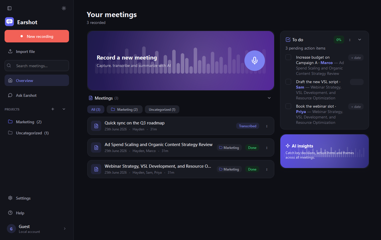Earshot overview in dark theme