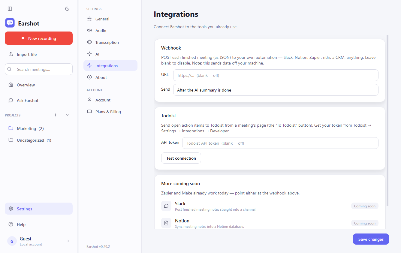 Integrations settings — Todoist and webhooks