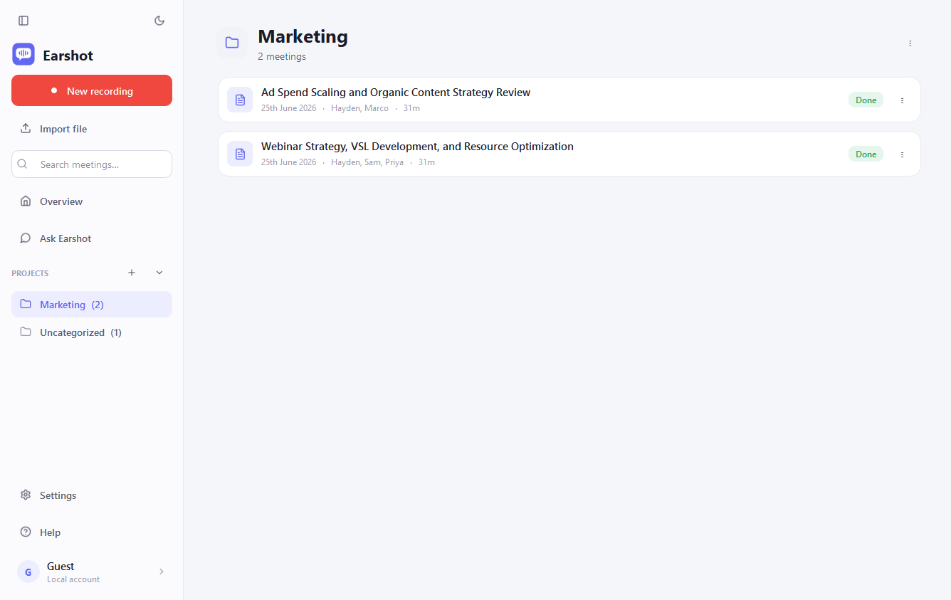 A project page with its meetings